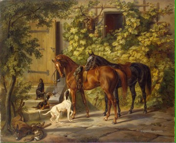  chevaux Peintre - Adam Albrecht Chevaux au porche